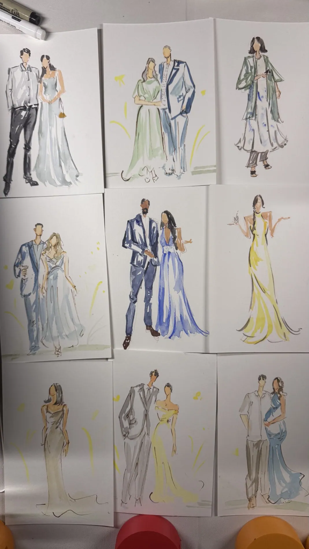 Original watercolor guest fashion sketches